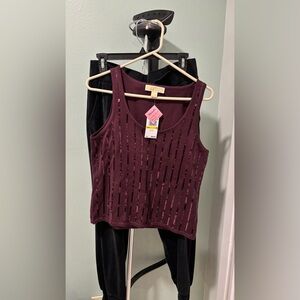 Cable & Gauge Black Velour Trousers W/ burgundy holiday tank top size medium